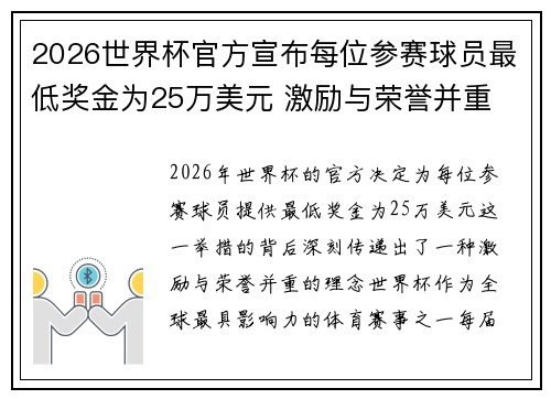 2026世界杯官方宣布每位参赛球员最低奖金为25万美元 激励与荣誉并重